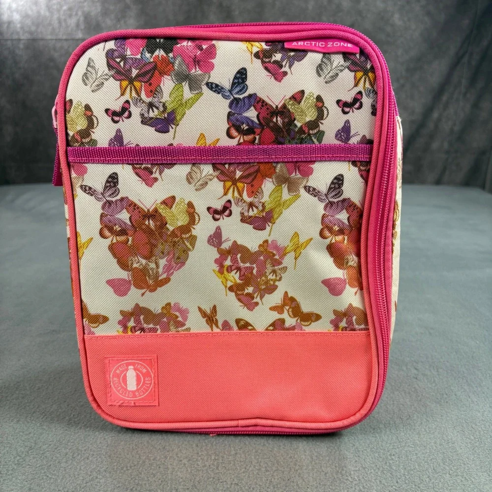 Arctic Zone Butterfly Print Expandable Insulated Lunch Bag Pink Recycled Fabric